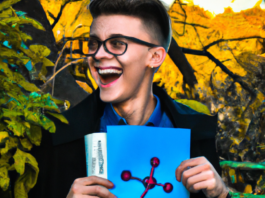 Student of chemistry happy photography from magazine, trees, theater