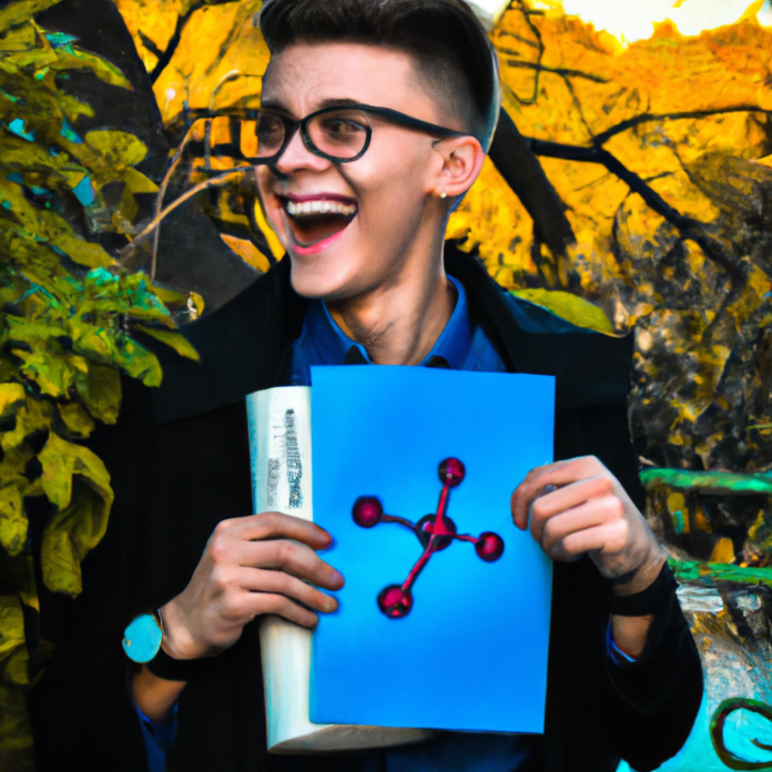 Student of chemistry happy photography from magazine, trees, theater